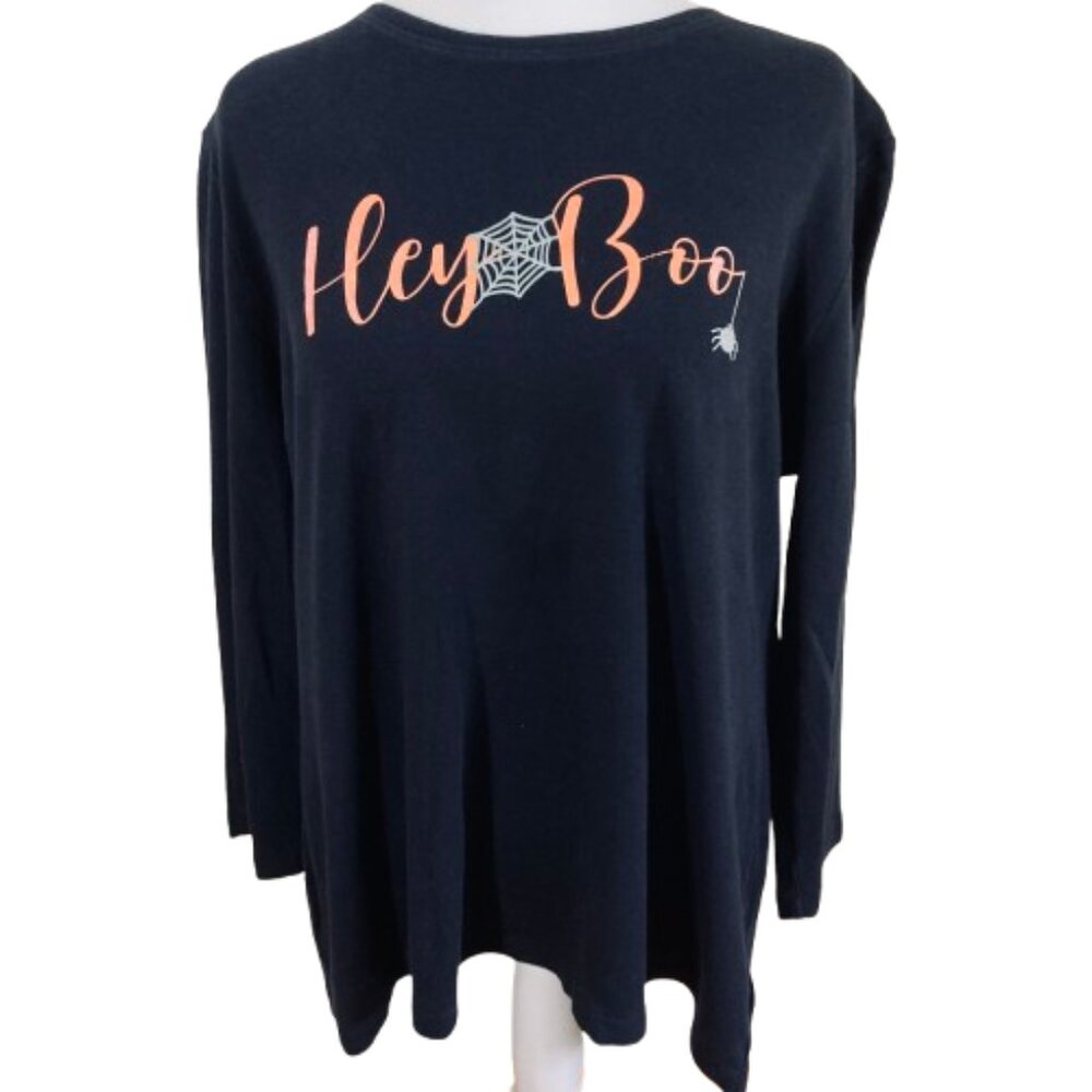 Halloween Long Sleeve Black "Hey Boo" Tee-Shirt Spider and Spider Web, Large
